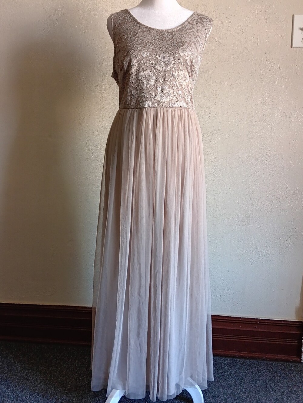 Tulle Sequin Evening Dress in Champagne Tan Candalite Medium Fairycore Whimsy